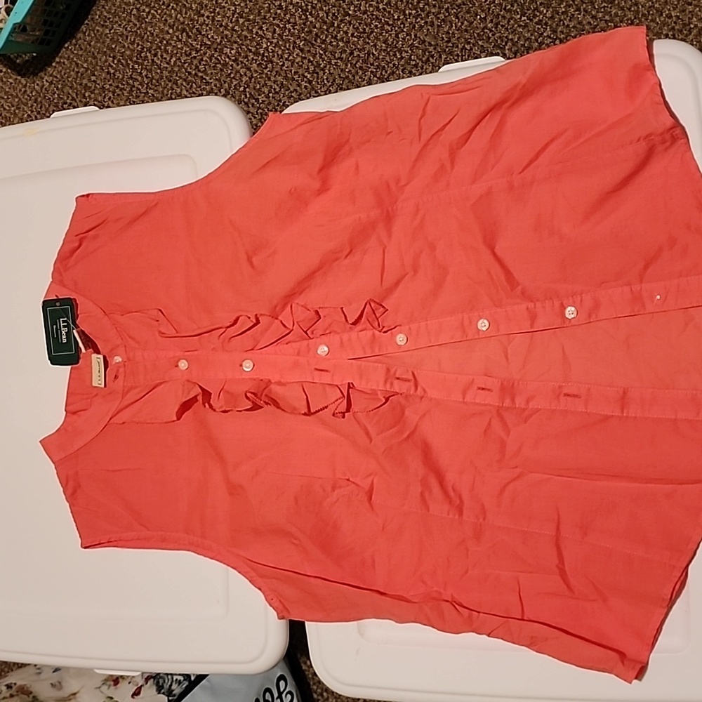 LL BEAN sleeveless womens top with ruffles size Large NWT Reef Coral